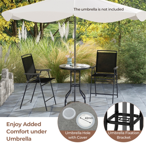 Gymax 3 PCS Outdoor Bar Stool Set w/ DPC Tabletop Umbrella Hole & Footrest 2 Chairs