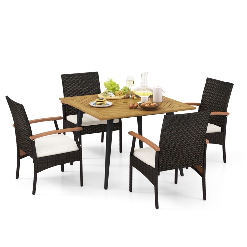 GYMAX  5PCs Patio Pe Wicker Dining Set Table And Chairs W/ Cushions 1.9" Umbrella Hole