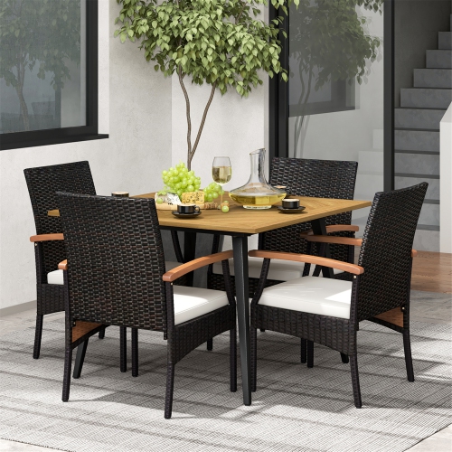 Gymax 5PCS Patio PE Wicker Dining Set Table and Chairs w/ Cushions 1.9'' Umbrella Hole