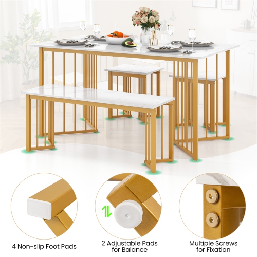 Gymax 4PCS Dining Table Set Kitchen Table w/ Bench & 2 Stools Wing-shaped Metal Legs