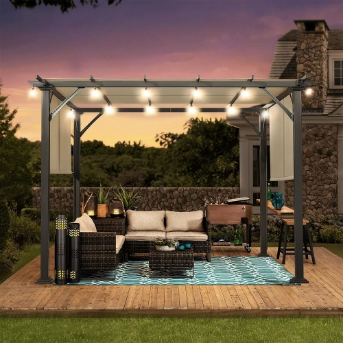 Pergola d'extérieur Erommy de 10 x 10 pi, abris de jardin avec cadre et abat-jour en acier, noir