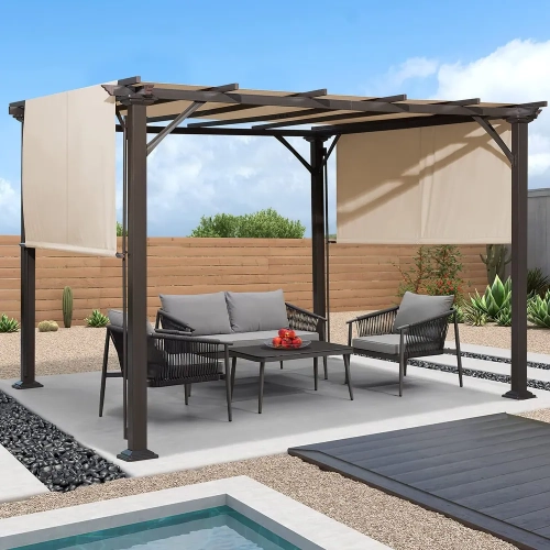 Pergola d'extérieur Erommy de 10 x 10 pi, abris de jardin avec cadre et abat-jour en acier, noir