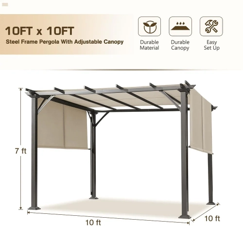 Pergola d'extérieur Erommy de 10 x 10 pi, abris de jardin avec cadre et abat-jour en acier, noir