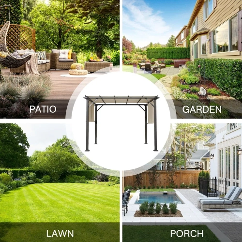 Pergola d'extérieur Erommy de 10 x 10 pi, abris de jardin avec cadre et abat-jour en acier, noir