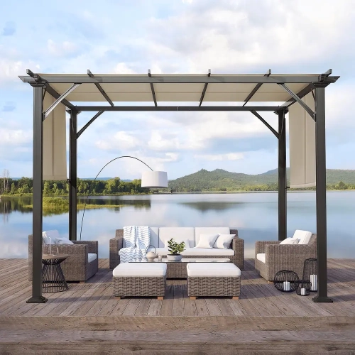 Pergola d'extérieur Erommy de 10 x 10 pi, abris de jardin avec cadre et abat-jour en acier, noir