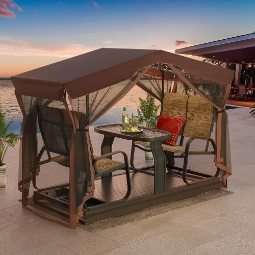 Bancs coulissants pour l'extérieur avec auvent et moustiquaire de 42 po x 88 po d'Erommy avec cadre en aluminium, 4 chaises berçantes de patio – Brun