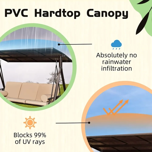 Erommy 50" x 83" Outdoor Patio Porch Swing, 3-in-1 Swing Bed, Adjustable Backrest, Rotatable Hardtop w Cushions and Pillow - 90" - Khaki