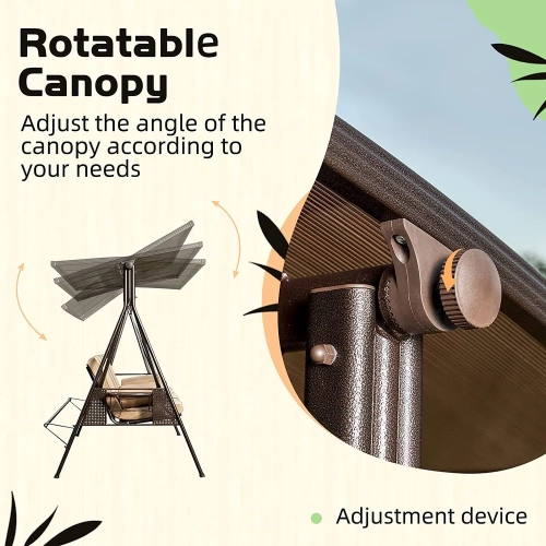 Erommy 50" x 83" Outdoor Patio Porch Swing, 3-in-1 Swing Bed, Adjustable Backrest, Rotatable Hardtop w Cushions and Pillow - 90" - Khaki