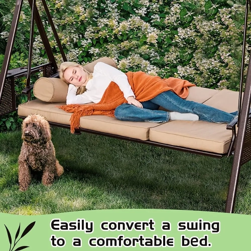 Erommy 50" x 83" Outdoor Patio Porch Swing, 3-in-1 Swing Bed, Adjustable Backrest, Rotatable Hardtop w Cushions and Pillow - 90" - Khaki