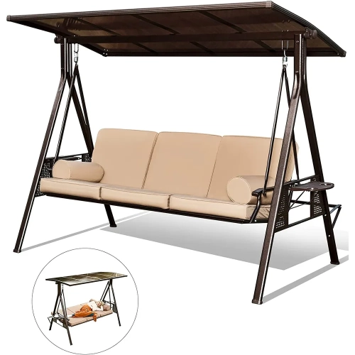 Erommy 50" x 83" Outdoor Patio Porch Swing, 3-in-1 Swing Bed, Adjustable Backrest, Rotatable Hardtop w Cushions and Pillow - 90" - Khaki