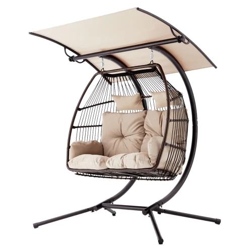 Erommy 44'' x 67'' Outdoor Swing Loveseat with Stand, Foldable Hanging Chair, Hammock Cushion, and Awning, Double Egg Chair - Beige