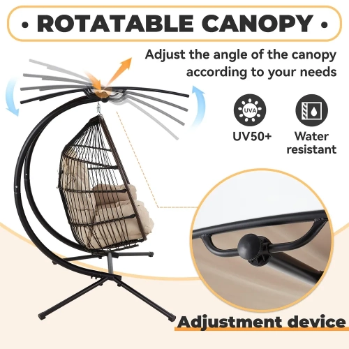 Erommy 44'' x 67'' Outdoor Swing Loveseat with Stand, Foldable Hanging Chair, Hammock Cushion, and Awning, Double Egg Chair - Beige