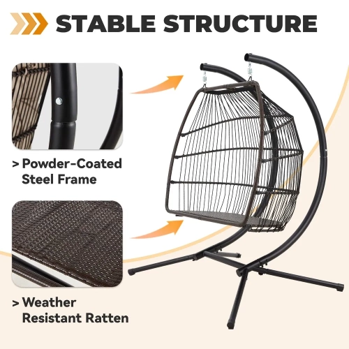 Erommy 44'' x 67'' Outdoor Swing Loveseat with Stand, Foldable Hanging Chair, Hammock Cushion, and Awning, Double Egg Chair - Beige