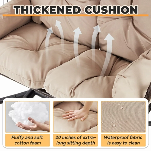 Erommy 44'' x 67'' Outdoor Swing Loveseat with Stand, Foldable Hanging Chair, Hammock Cushion, and Awning, Double Egg Chair - Beige