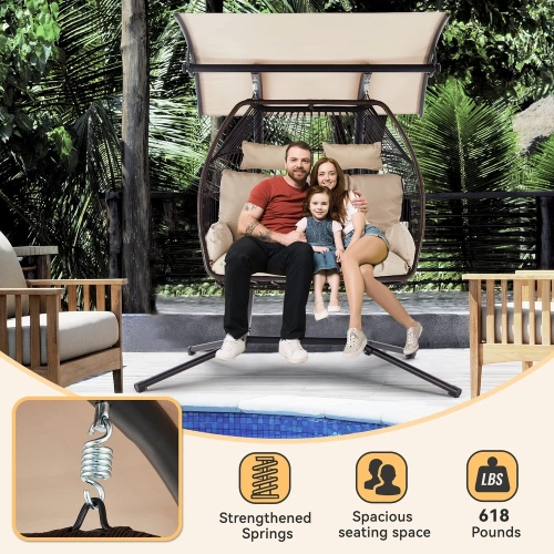 Erommy 44'' x 67'' Outdoor Swing Loveseat with Stand, Foldable Hanging Chair, Hammock Cushion, and Awning, Double Egg Chair - Beige