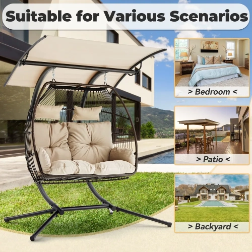 Erommy 44'' x 67'' Outdoor Swing Loveseat with Stand, Foldable Hanging Chair, Hammock Cushion, and Awning, Double Egg Chair - Beige