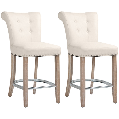 HOMCOM Counter Height Bar Stools Set of 2, Upholstered Bar Chairs with Button Tufted Back, Wood Legs, Footrest, Modern Nailhead Trim Barstools for