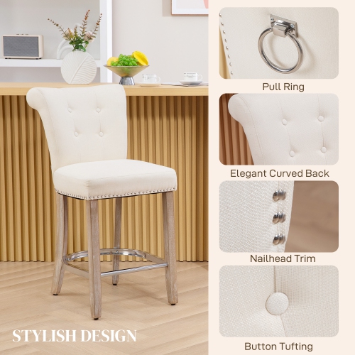 HOMCOM Counter Height Bar Stools Set of 2, Upholstered Bar Chairs with Button Tufted Back, Wood Legs, Footrest, Modern Nailhead Trim Barstools for