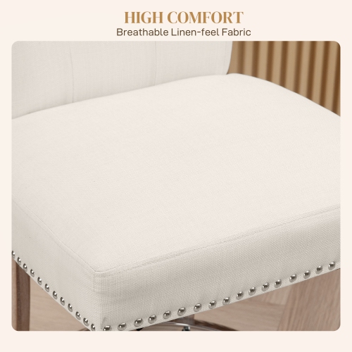 HOMCOM Counter Height Bar Stools Set of 2, Upholstered Bar Chairs with Button Tufted Back, Wood Legs, Footrest, Modern Nailhead Trim Barstools for