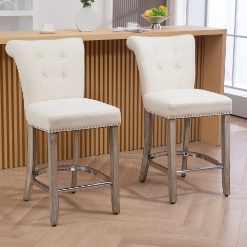 HOMCOM Counter Height Bar Stools Set of 2, Upholstered Bar Chairs with Button Tufted Back, Wood Legs, Footrest, Modern Nailhead Trim Barstools for