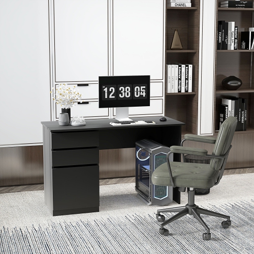 HOMCOM Modern Computer Desk, Home Office Desk for Study, Writing Workstation with Storage Drawer and Cabinet for Living Room, Black