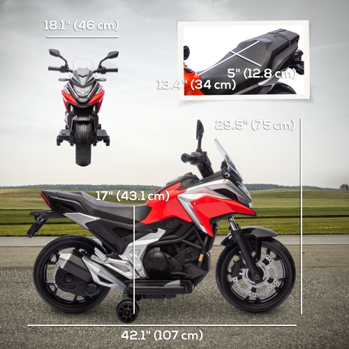 Moto électrique 12&nbsp;V de Qaba, moto porteuse à batterie pour enfants avec phares, roues d'entraînement musicales, pendant 3-6 ans, rouge