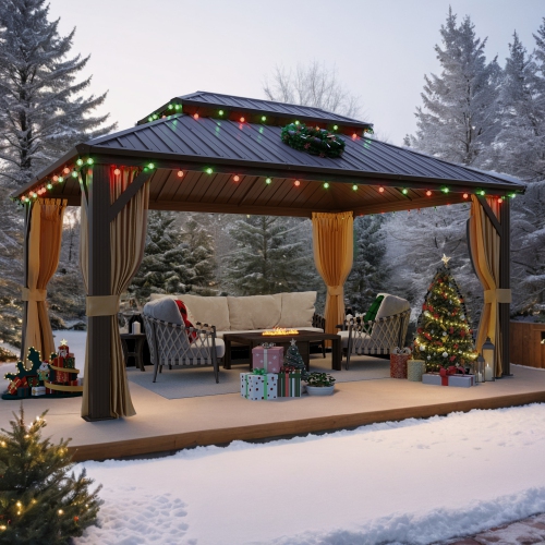 Abri de jardin extérieur à toit rigide Erommy, 12 x 16 pi, toit double en acier galvanisé et cadre en aluminium, pergola extérieure avec rideaux et