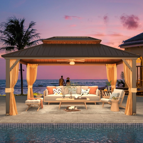 Abri de jardin extérieur à toit rigide Erommy, 12 x 16 pi, toit double en acier galvanisé et cadre en aluminium, pergola extérieure avec rideaux et