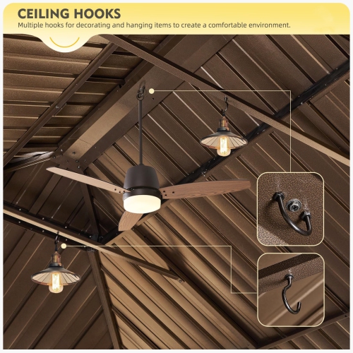 Abri de jardin extérieur à toit rigide Erommy, 12 x 16 pi, toit double en acier galvanisé et cadre en aluminium, pergola extérieure avec rideaux et