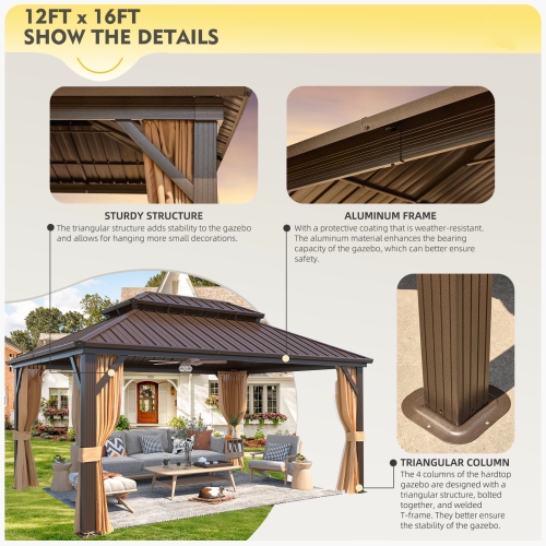 Abri de jardin extérieur à toit rigide Erommy, 12 x 16 pi, toit double en acier galvanisé et cadre en aluminium, pergola extérieure avec rideaux et