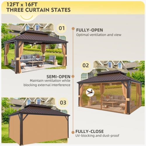 Abri de jardin extérieur à toit rigide Erommy, 12 x 16 pi, toit double en acier galvanisé et cadre en aluminium, pergola extérieure avec rideaux et