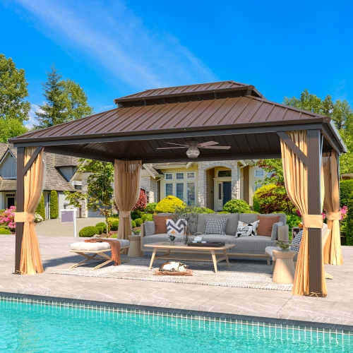 Abri de jardin extérieur à toit rigide Erommy, 12 x 16 pi, toit double en acier galvanisé et cadre en aluminium, pergola extérieure avec rideaux et