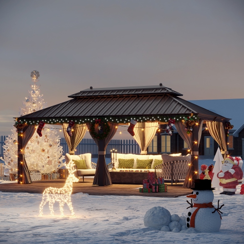 Erommy 12' x 20' Outdoor Galvanized Steel Roof Gazebo Pergola w/ Aluminum Frame & Vertical Rain Cutter - Brown