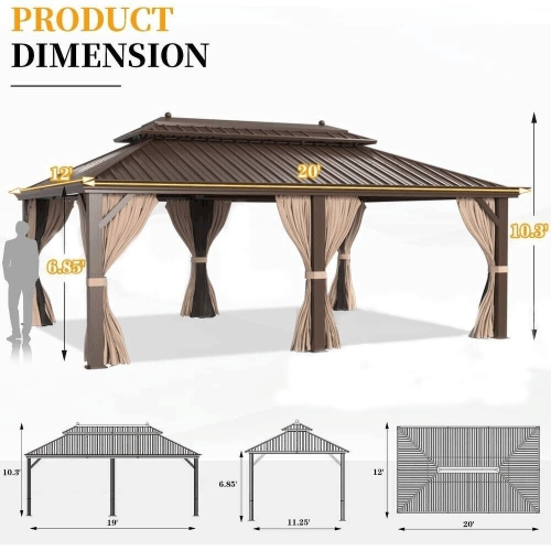 Erommy 12' x 20' Outdoor Galvanized Steel Roof Gazebo Pergola w/ Aluminum Frame & Vertical Rain Cutter - Brown