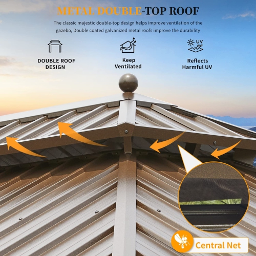 Erommy 12' x 20' Outdoor Galvanized Steel Roof Gazebo Pergola w/ Aluminum Frame & Vertical Rain Cutter - Brown