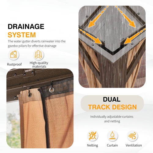 Erommy 12' x 20' Outdoor Galvanized Steel Roof Gazebo Pergola w/ Aluminum Frame & Vertical Rain Cutter - Brown