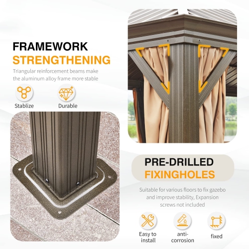 Erommy 12' x 20' Outdoor Galvanized Steel Roof Gazebo Pergola w/ Aluminum Frame & Vertical Rain Cutter - Brown