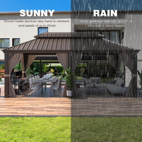 Erommy 12' x 20' Outdoor Galvanized Steel Roof Gazebo Pergola w/ Aluminum Frame & Vertical Rain Cutter - Brown