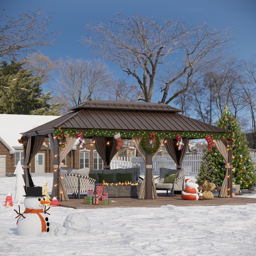 Erommy 12' x 20' Outdoor Galvanized Steel Roof Gazebo Pergola w/ Aluminum Frame & Vertical Rain Cutter - Brown