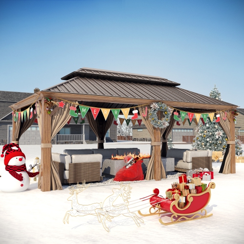 Erommy 12' x 20' Outdoor Hardtop Gazebo with Galvanized Steel Double Roof & Aluminum Frame, Outdoor pergola with Premium Curtains and Nettings - Wood