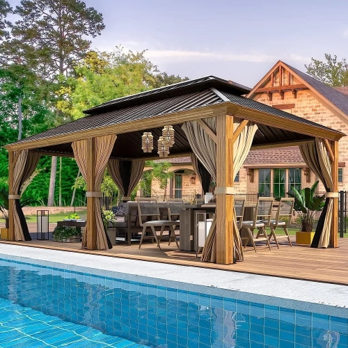 Erommy 12' x 20' Outdoor Hardtop Gazebo with Galvanized Steel Double Roof & Aluminum Frame, Outdoor pergola with Premium Curtains and Nettings - Wood