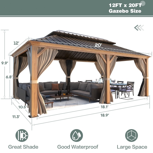 Erommy 12' x 20' Outdoor Hardtop Gazebo with Galvanized Steel Double Roof & Aluminum Frame, Outdoor pergola with Premium Curtains and Nettings - Wood