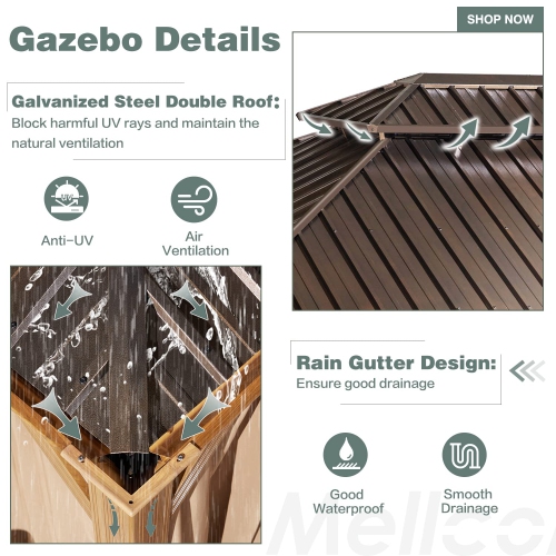 Erommy 12' x 20' Outdoor Hardtop Gazebo with Galvanized Steel Double Roof & Aluminum Frame, Outdoor pergola with Premium Curtains and Nettings - Wood