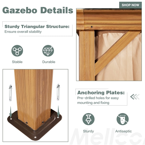 Erommy 12' x 20' Outdoor Hardtop Gazebo with Galvanized Steel Double Roof & Aluminum Frame, Outdoor pergola with Premium Curtains and Nettings - Wood