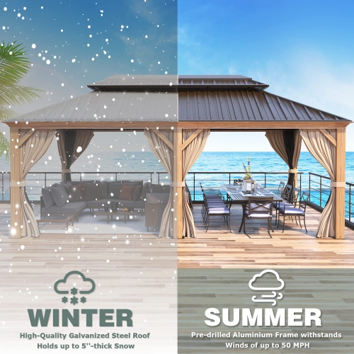 Erommy 12' x 20' Outdoor Hardtop Gazebo with Galvanized Steel Double Roof & Aluminum Frame, Outdoor pergola with Premium Curtains and Nettings - Wood
