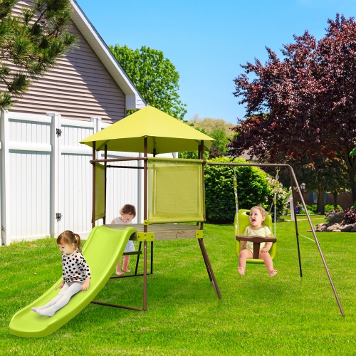 Costway 4-in-1 Swing Set with Covered Playhouse Fort Height Adjustable Baby Seat Slide