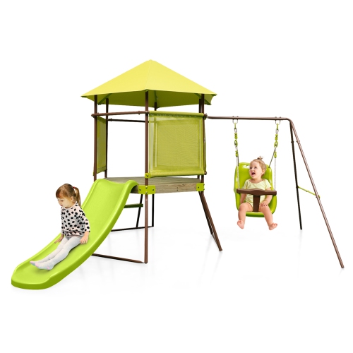 Costway 4-in-1 Swing Set with Covered Playhouse Fort Height Adjustable Baby Seat Slide
