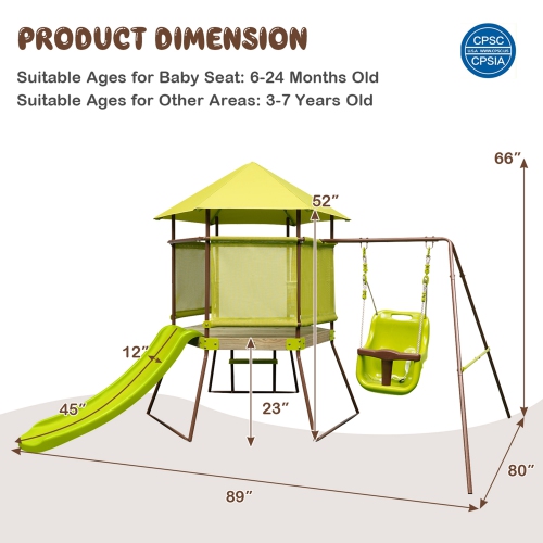 Costway 4-in-1 Swing Set with Covered Playhouse Fort Height Adjustable Baby Seat Slide