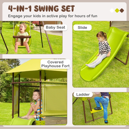 Costway 4-in-1 Swing Set with Covered Playhouse Fort Height Adjustable Baby Seat Slide