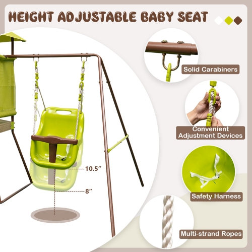 Costway 4-in-1 Swing Set with Covered Playhouse Fort Height Adjustable Baby Seat Slide